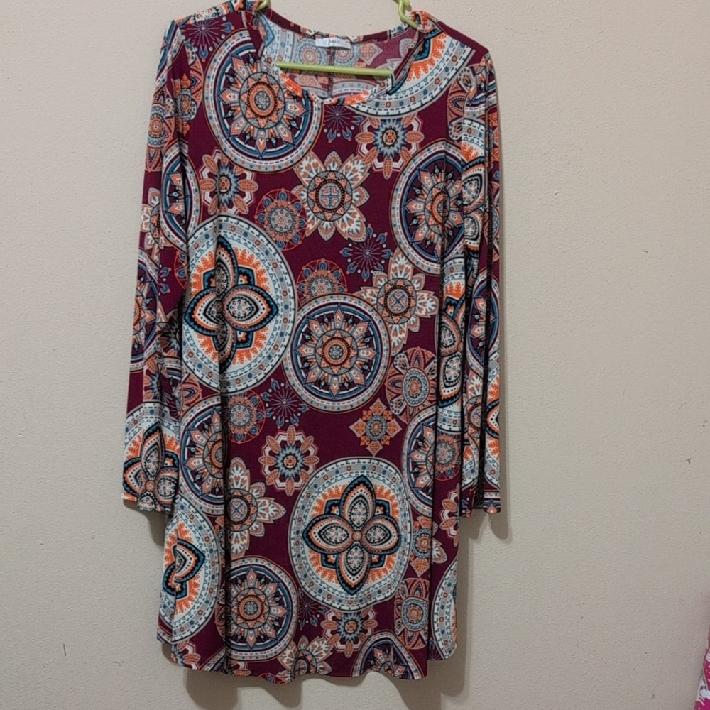 JODIFL Burgundy Tunic Dress with Teal and Orange Medallion Print